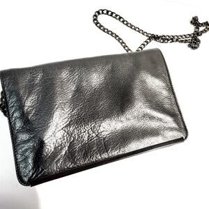 Halogen Black Leather Mail Pouch Crossbody Bag Metal Chain Strap Metallic Close